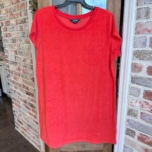 Lands' End Terry Cloth Pocket T-Shirt Dress Womens L 14-16 Orange Short Sleeve